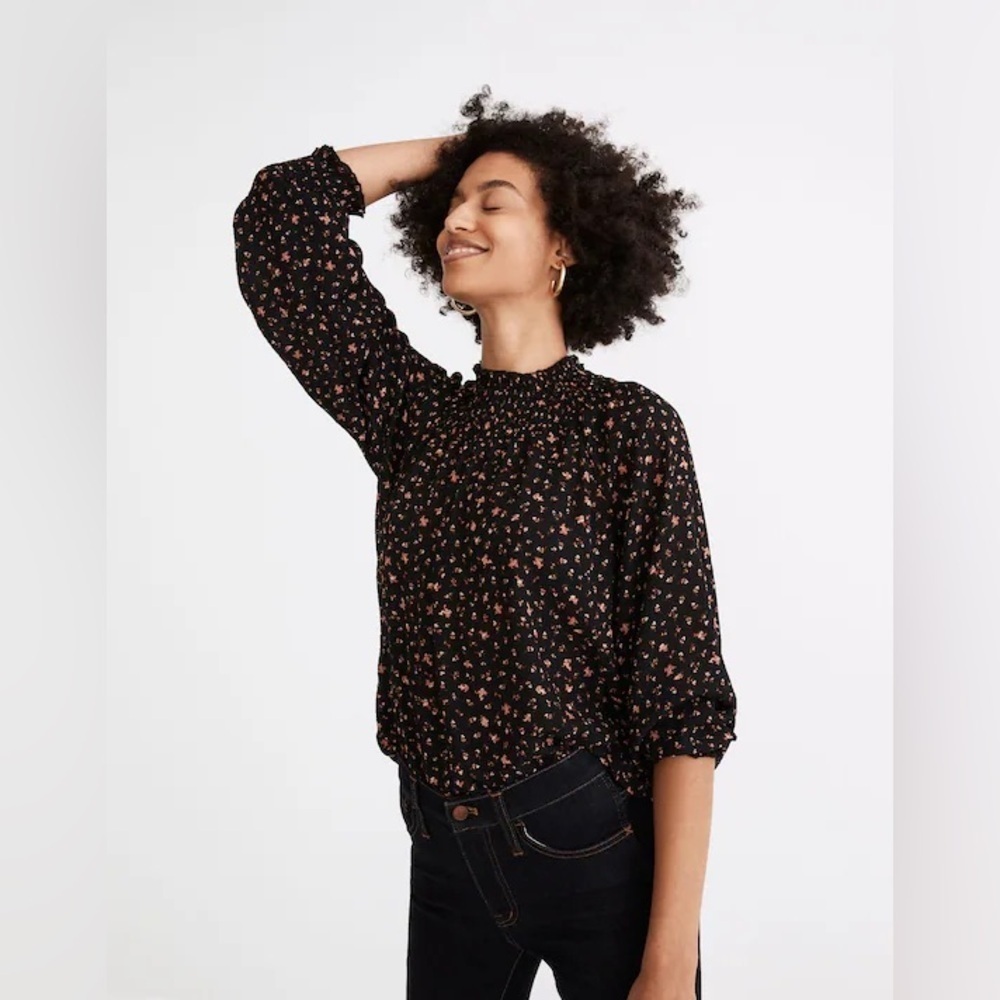 Madewell Smocked-Neck Ruffle Top in Stem Scatter – Size XS (NWT)
